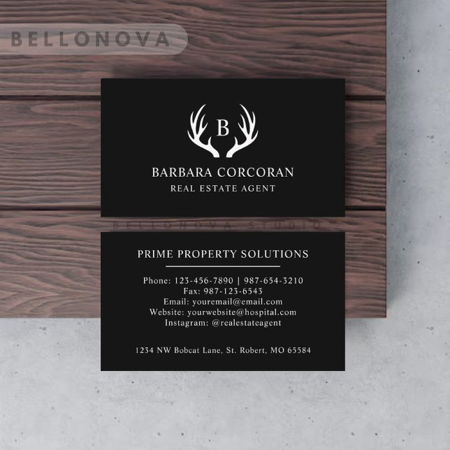 Cartão De Visita Nome Personalizado: Black and White Deer Antler Mo (Custom Name Black And White Deer Antler Monogram Business Card)