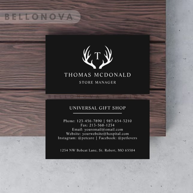Cartão De Visita Nome Personalizado: Black and White Deer Antler Mo (Custom Name Black And White Deer Antler Monogram Business Card)