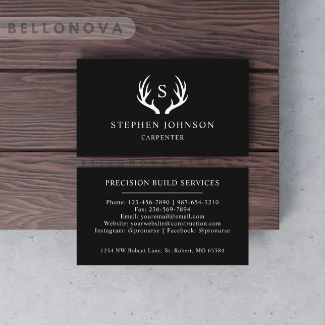 Cartão De Visita Nome Personalizado: Black and White Deer Antler Mo (Custom Name Black And White Deer Antler Monogram Business Card)