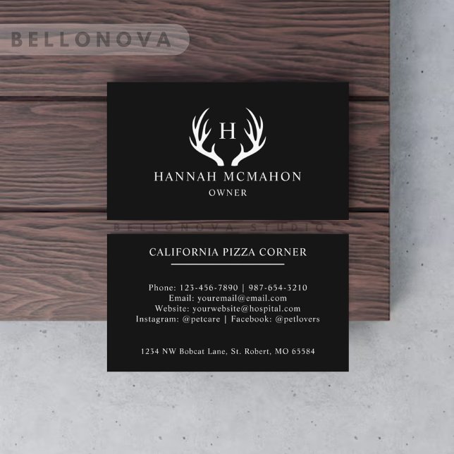 Cartão De Visita Nome Personalizado: Black and White Deer Antler Mo (Custom Name Black And White Deer Antler Monogram Business Card)