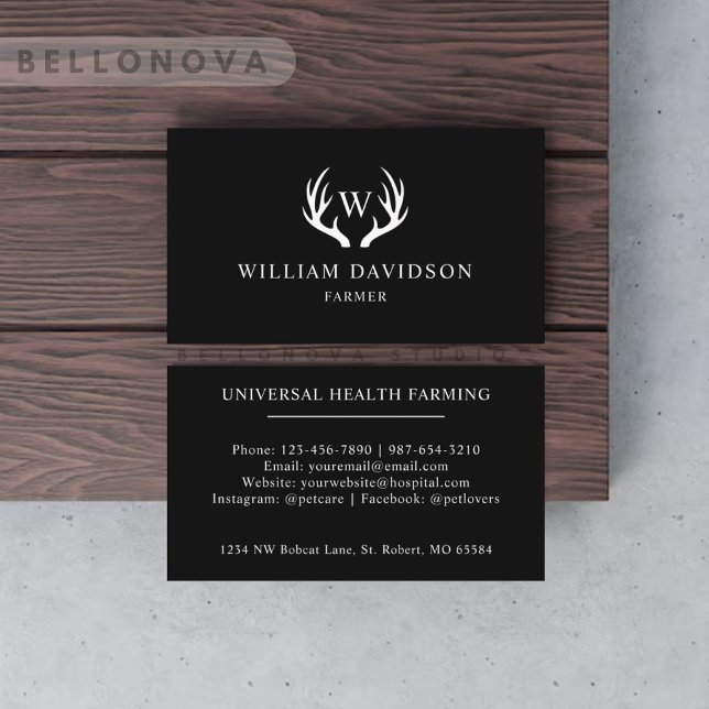 Cartão De Visita Nome Personalizado: Black and White Deer Antler Mo (Custom Name Black And White Deer Antler Monogram Business Card)