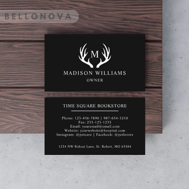 Cartão De Visita Nome Personalizado: Black and White Deer Antler Mo (Custom Name Black And White Deer Antler Monogram Business Card)