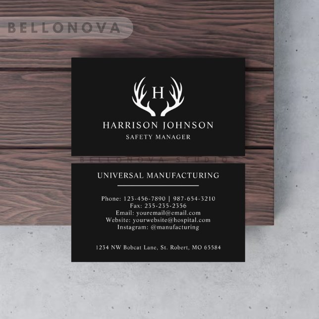 Cartão De Visita Nome Personalizado: Black and White Deer Antler Mo (Custom Name Black And White Deer Antler Monogram Business Card)