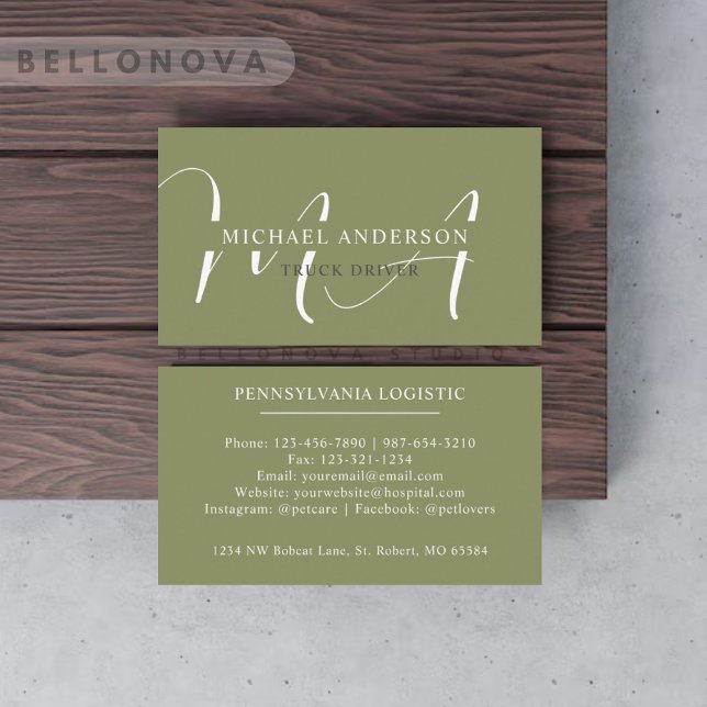 Cartão De Visita Nome Personalizado Moss Sage Olive White Monograma (Custom Name Moss Sage Olive Green White Monogram Business Card)