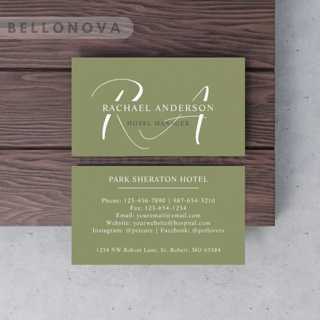 Cartão De Visita Nome Personalizado Moss Sage Olive White Monograma (Custom Name Moss Sage Olive Green White Monogram Business Card)