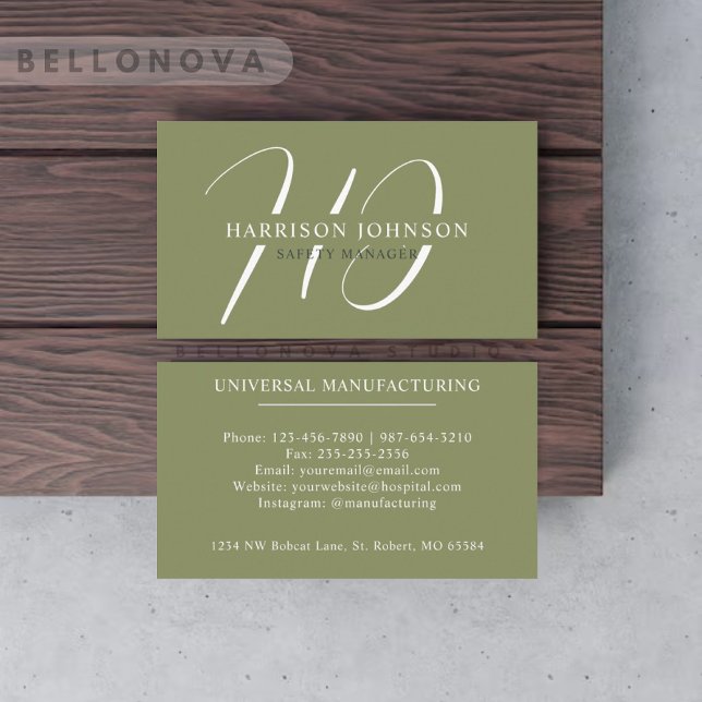 Cartão De Visita Nome Personalizado Moss Sage Olive White Monograma (Custom Name Moss Sage Olive Green White Monogram Business Card)