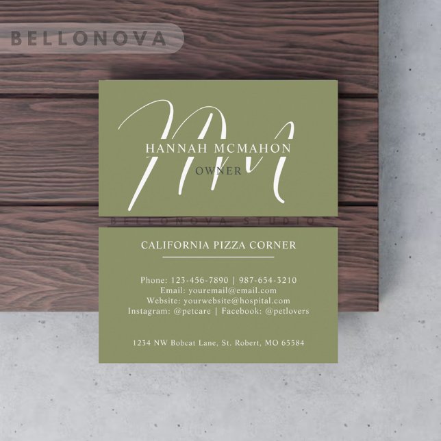 Cartão De Visita Nome Personalizado Moss Sage Olive White Monograma (Custom Name Moss Sage Olive Green White Monogram Business Card)
