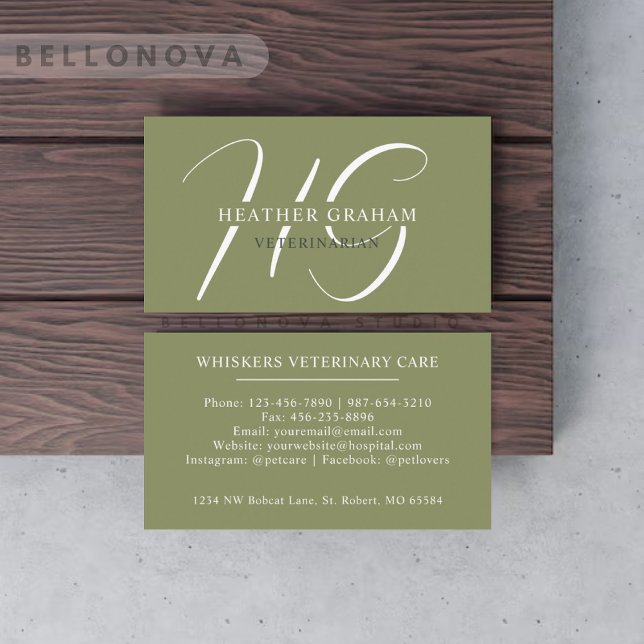 Cartão De Visita Nome Personalizado Moss Sage Olive White Monograma (Custom Name Moss Sage Olive Green White Monogram Business Card)