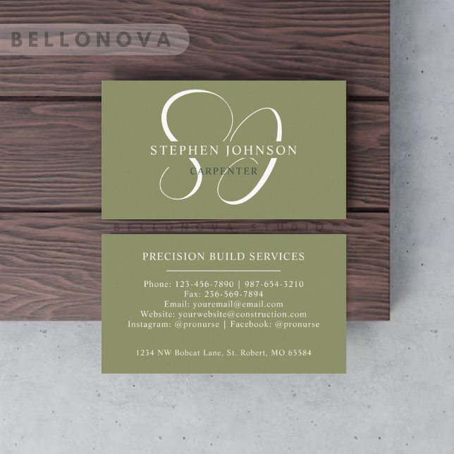 Cartão De Visita Nome Personalizado Moss Sage Olive White Monograma (Custom Name Moss Sage Olive Green White Monogram Business Card)