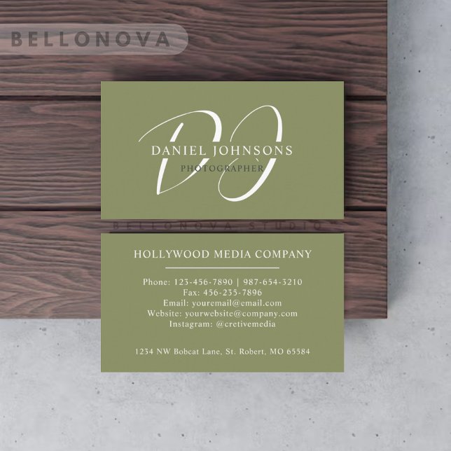 Cartão De Visita Nome Personalizado Moss Sage Olive White Monograma (Custom Name Moss Sage Olive Green White Monogram Business Card)