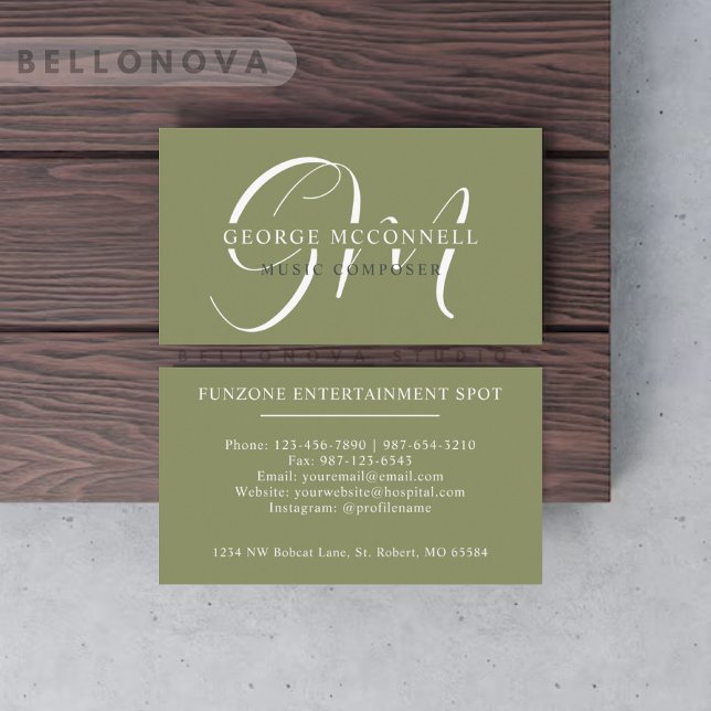 Cartão De Visita Nome Personalizado Moss Sage Olive White Monograma (Custom Name Moss Sage Olive Green White Monogram Business Card)