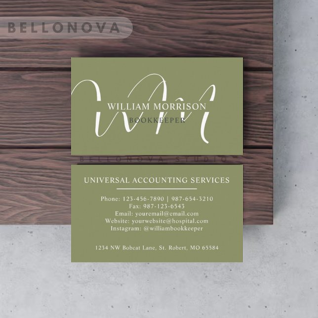 Cartão De Visita Nome Personalizado Moss Sage Olive White Monograma (Custom Name Moss Sage Olive Green White Monogram Business Card)