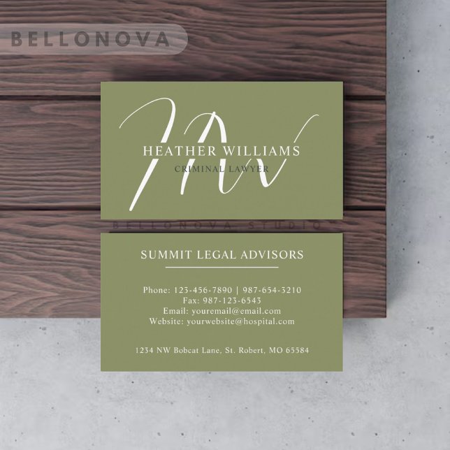 Cartão De Visita Nome Personalizado Moss Sage Olive White Monograma (Custom Name Moss Sage Olive Green White Monogram Business Card)