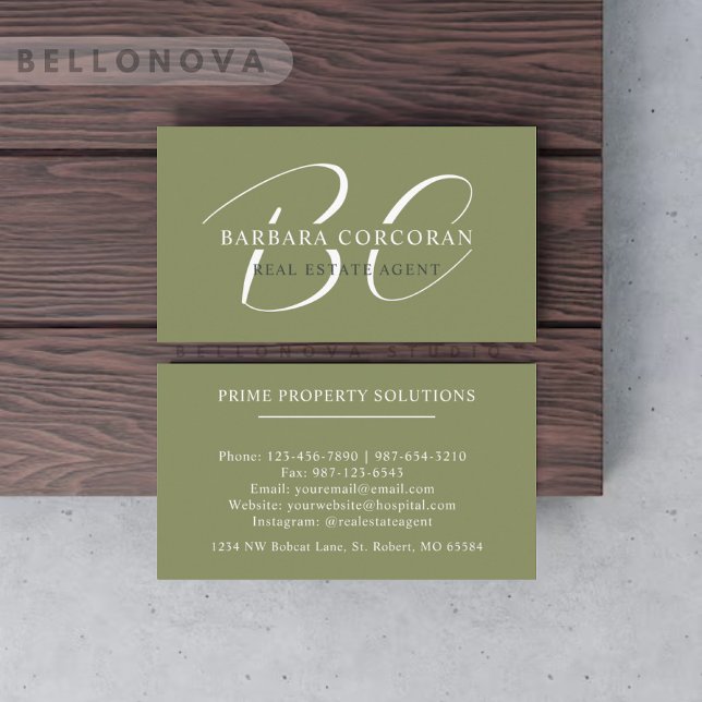 Cartão De Visita Nome Personalizado Moss Sage Olive White Monograma (Custom Name Moss Sage Olive Green White Monogram Business Card)