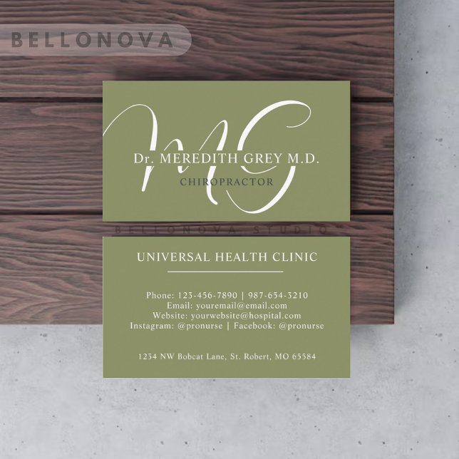 Cartão De Visita Nome Personalizado Moss Sage Olive White Monograma (Custom Name Moss Sage Olive Green White Monogram Business Card)