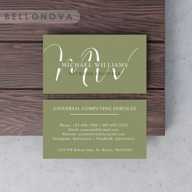 Cartão De Visita Nome Personalizado Moss Sage Olive White Monograma (Custom Name Moss Sage Olive Green White Monogram Business Card)