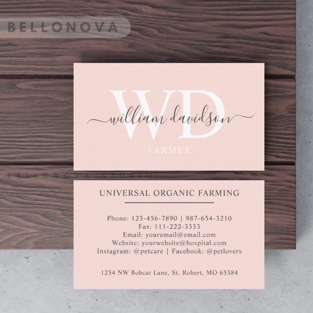 Cartão De Visita Nome personalizado Pálido Pêssego Rosa Branco Mono (Custom Name Pale Peach Pink White Black Monogram Business Card)
