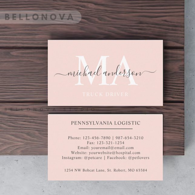 Cartão De Visita Nome personalizado Pálido Pêssego Rosa Branco Mono (Custom Name Pale Peach Pink White Black Monogram Business Card)