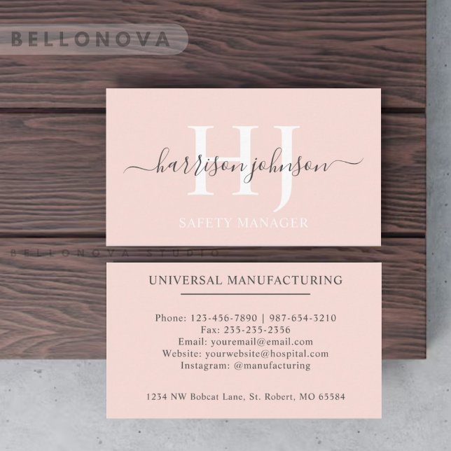 Cartão De Visita Nome personalizado Pálido Pêssego Rosa Branco Mono (Custom Name Pale Peach Pink White Black Monogram Business Card)