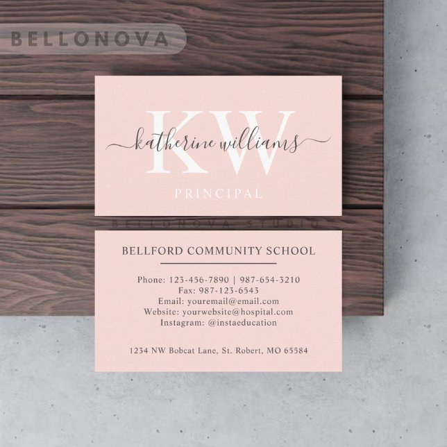 Cartão De Visita Nome personalizado Pálido Pêssego Rosa Branco Mono (Custom Name Pale Peach Pink White Black Monogram Business Card)