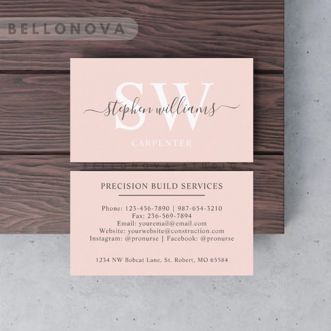 Cartão De Visita Nome personalizado Pálido Pêssego Rosa Branco Mono (Custom Name Pale Peach Pink White Black Monogram Business Card)