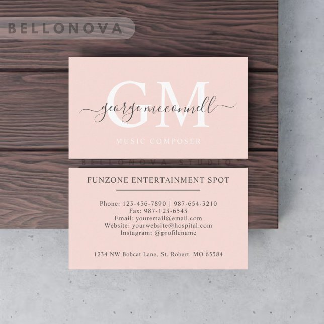Cartão De Visita Nome personalizado Pálido Pêssego Rosa Branco Mono (Custom Name Pale Peach Pink White Black Monogram Business Card)