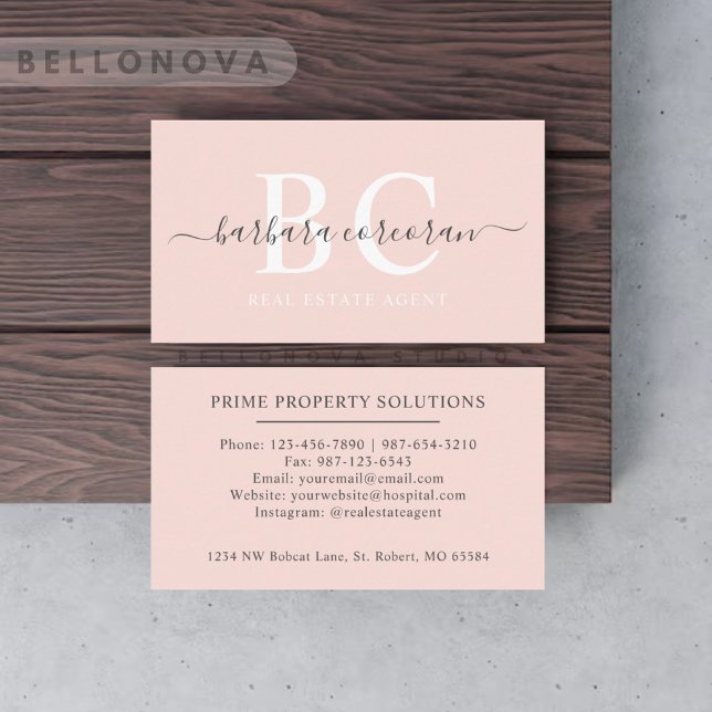Cartão De Visita Nome personalizado Pastel pálido, cor-de-rosa, bra (Custom Name Pale Pastel Pink White Black Monogram Business Card)