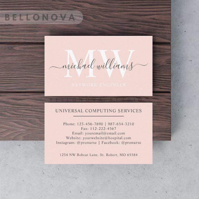 Cartão De Visita Nome personalizado Pastel pálido, cor-de-rosa, bra (Custom Name Pale Pastel Pink White Black Monogram Business Card
)