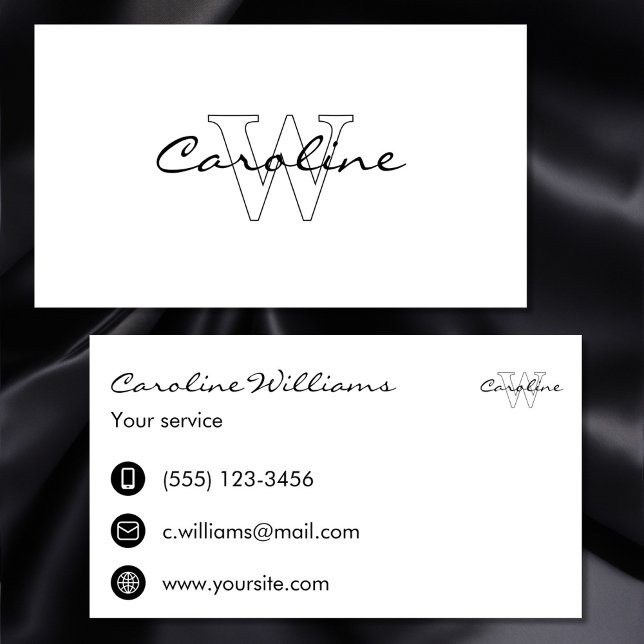 Cartão De Visita Nome simples e elegante monograma branco preto (Criador carregado)