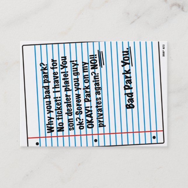 Cartão De Visita Nota de Estacionamento Engraçado (Frente)