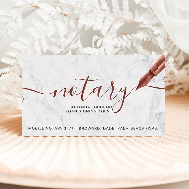 Cartão De Visita Notary loan rose gold white marble typography (Criador carregado)