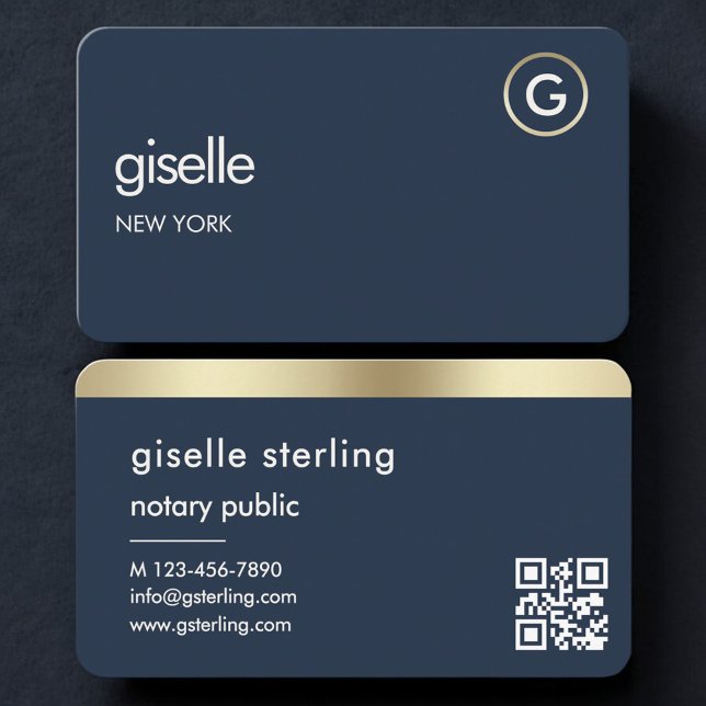 Cartão De Visita Notary Public Navy Blue Gold QR Code (Criador carregado)