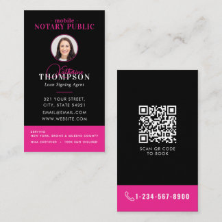 Cartão De Visita Notary Signing Agent Black Pink Photo QR Code