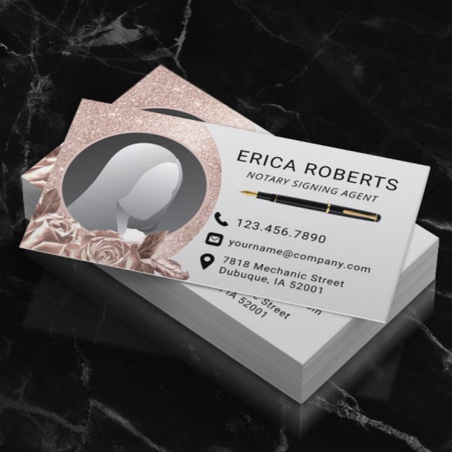 Cartão De Visita Notary Signing Agent Modern Rosa Dourado Foto Flor (Criador carregado)