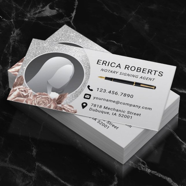 Cartão De Visita Notary Signing Agent Modern Silver Foto Floral (Criador carregado)