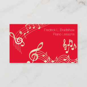 Cartão De Visita Notas Musicais Douradas em Vermelho