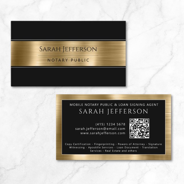 Cartão De Visita Notícias Douradas Metálicas Profissionais Pretas Q (Professional Metallic Gold Black QR Notary Public Business Card)
