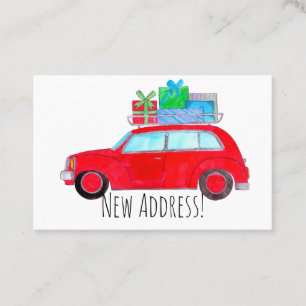 Cartão De Visita Novo Endereço Carro Vermelho com presentes de Nata