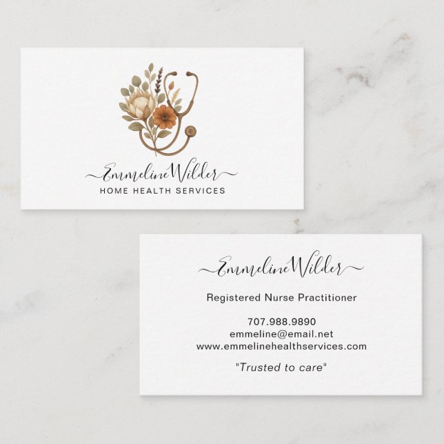 Cartão De Visita Nurse Caregiver Floral Stethoscope Business Card (Frente/Verso)