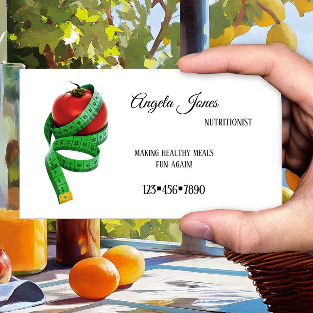 Cartão de visita Nutricionista Dieticiano Simples (A simple business card for a nutritional therapist or dietitian with a tomato with measuring tape)