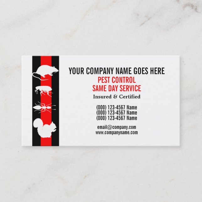 Cartão De Visita O controle do Vermin da praga personaliza (Frente)