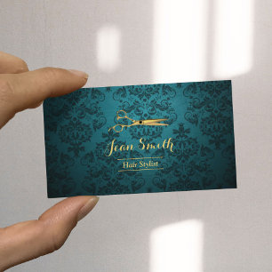 Cartão De Visita O ouro do damasco da cerceta do vintage Scissor o