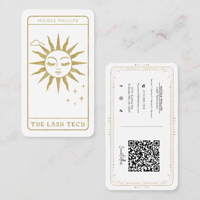 Cartão De Visita O Ouro Lash Tech Sun Tarot Social Media QR (Frente/Verso)