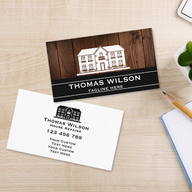 Cartão De Visita Obras modernas de artesanato de carpinteiro madeir (RUSTIC HOUSE ON THE WOOD TEXTURE BACKGROUND HOME REPAIR BUSINESS CARD)