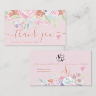 Cartão De Visita Obrigado cor-de-rosa pastel verde aquarela floral