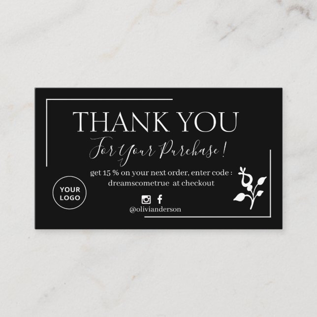 Cartão De Visita Obrigado de ordem de script preto moderno (Frente)