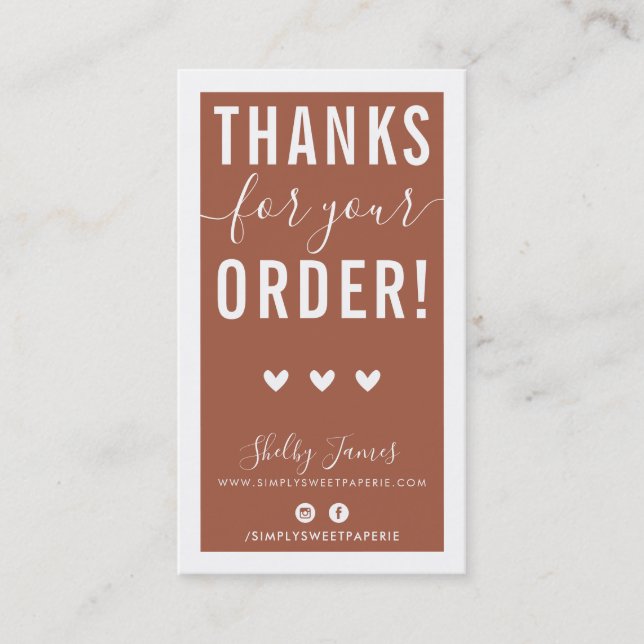 Cartão De Visita OBRIGADO PELA SUA ORDEM, insira o moderno marrom (Frente)