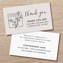 Cartão De Visita Obrigado por Comprar Logo Personalizado Branco-Off
