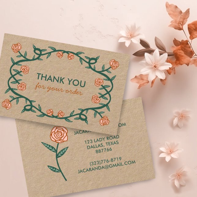 Cartão De Visita OBRIGADO por ORDER Chic Elegant Rosa Frame Floral (Rose frame thank you for your order kraft business cards)