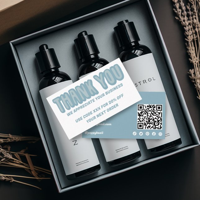 Cartão De Visita Obrigado por solicitar ícones sociais Código QR AZ (Hand lettered thank you notes with discount code, custom QR code, social media icons)